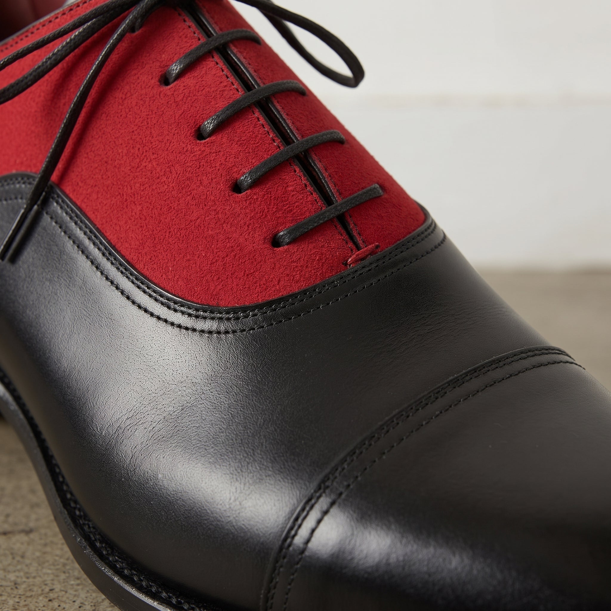 Men's Red and Black Two-Tone Cap-Toe Leather Oxfords — Clements