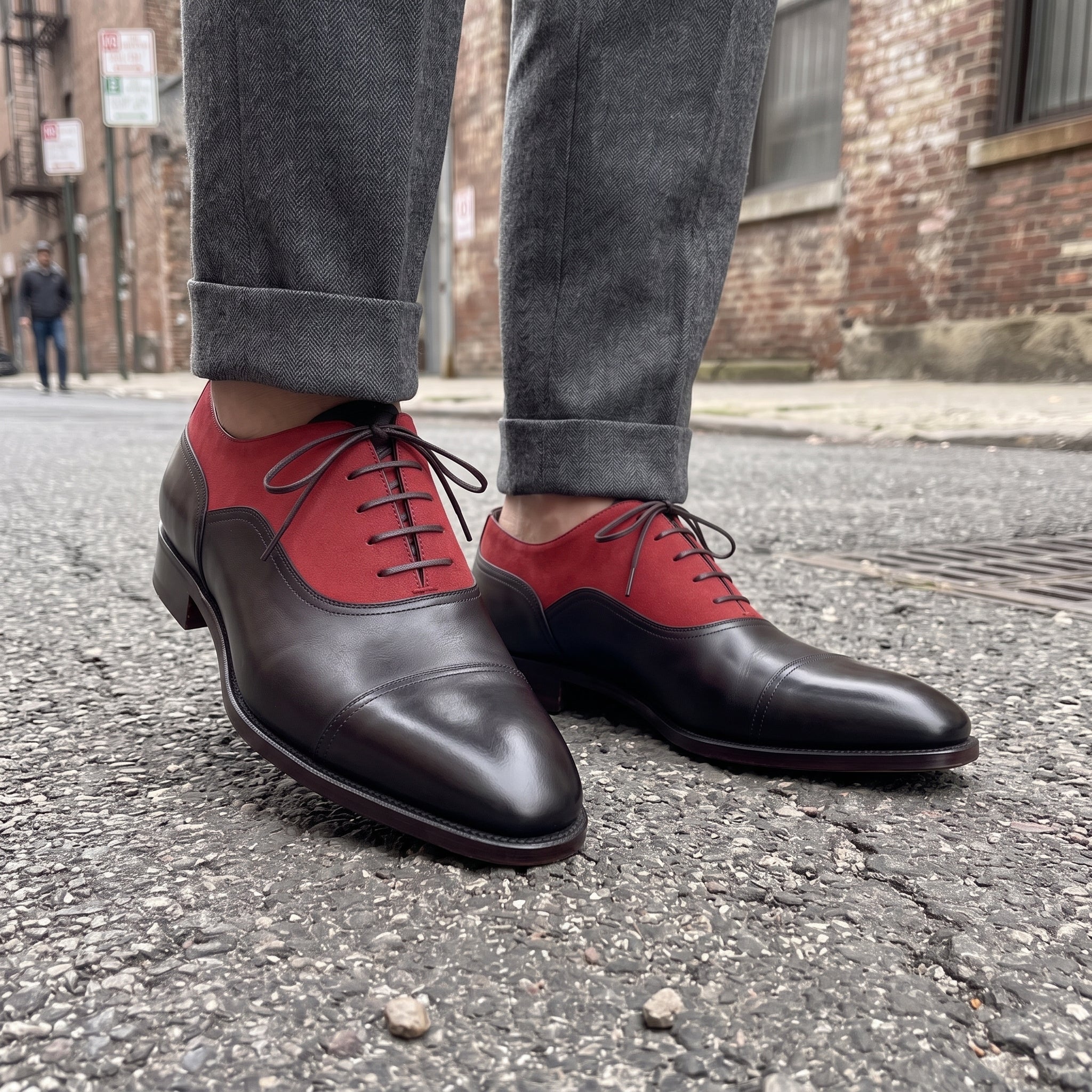 Men's Red and Black Two-Tone Cap-Toe Leather Oxfords — Clements