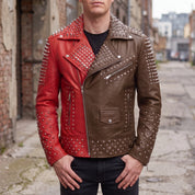 Men's Red and Brown Studded Leather Perfecto Biker Jacket — Gundry