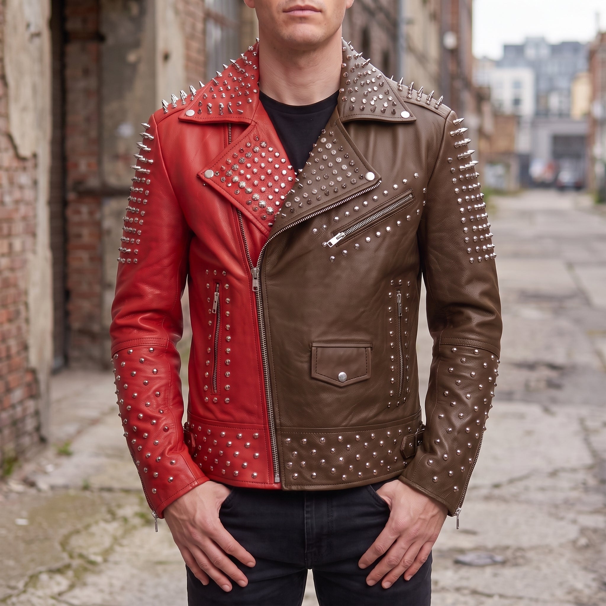 Men's Red and Brown Studded Leather Perfecto Biker Jacket — Gundry