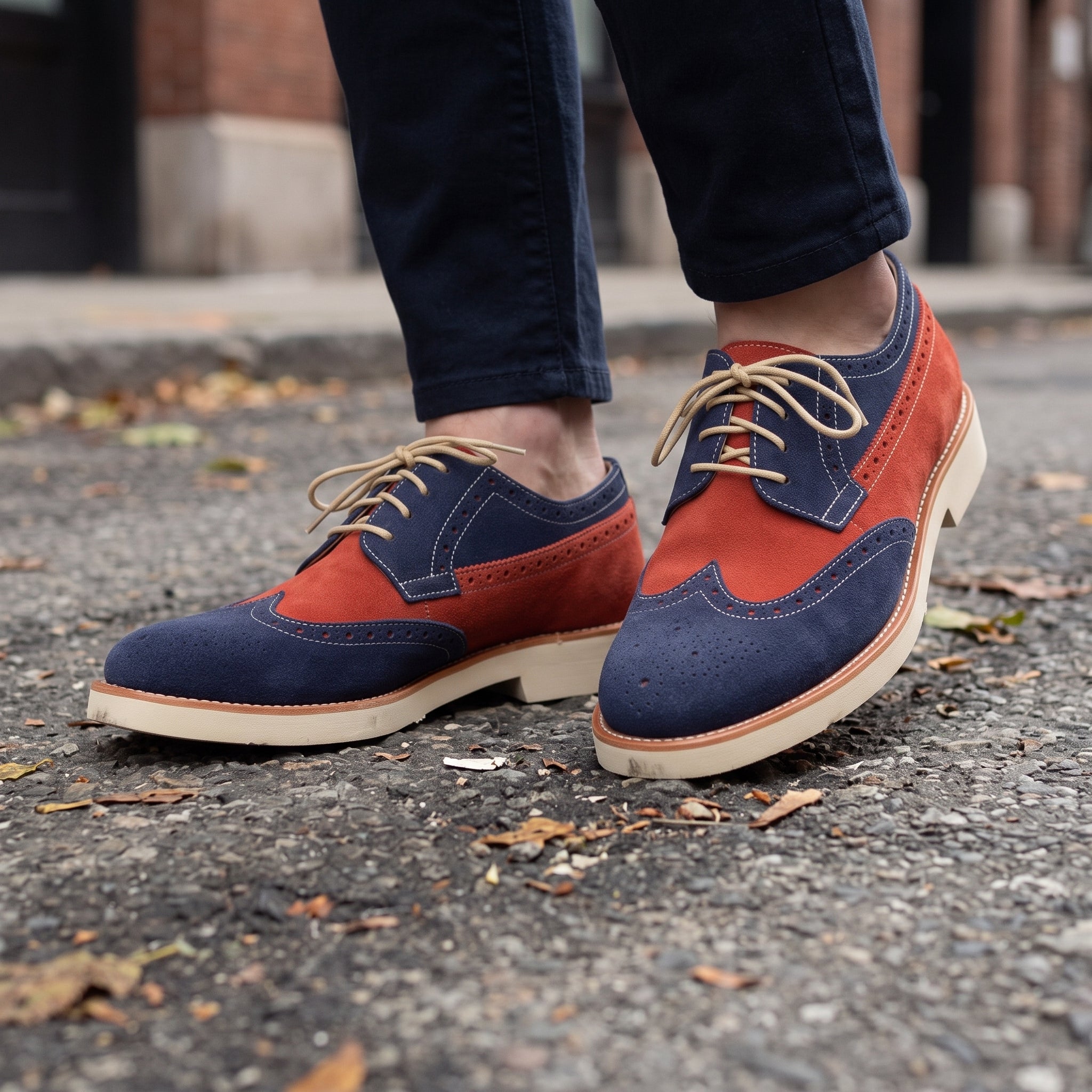 Men's Red and Navy Two-Tone Wingtip Suede Derby Shoes — Goodall