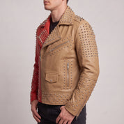 Men's Red and tan Studded Leather Perfecto Biker Jacket — Gundry