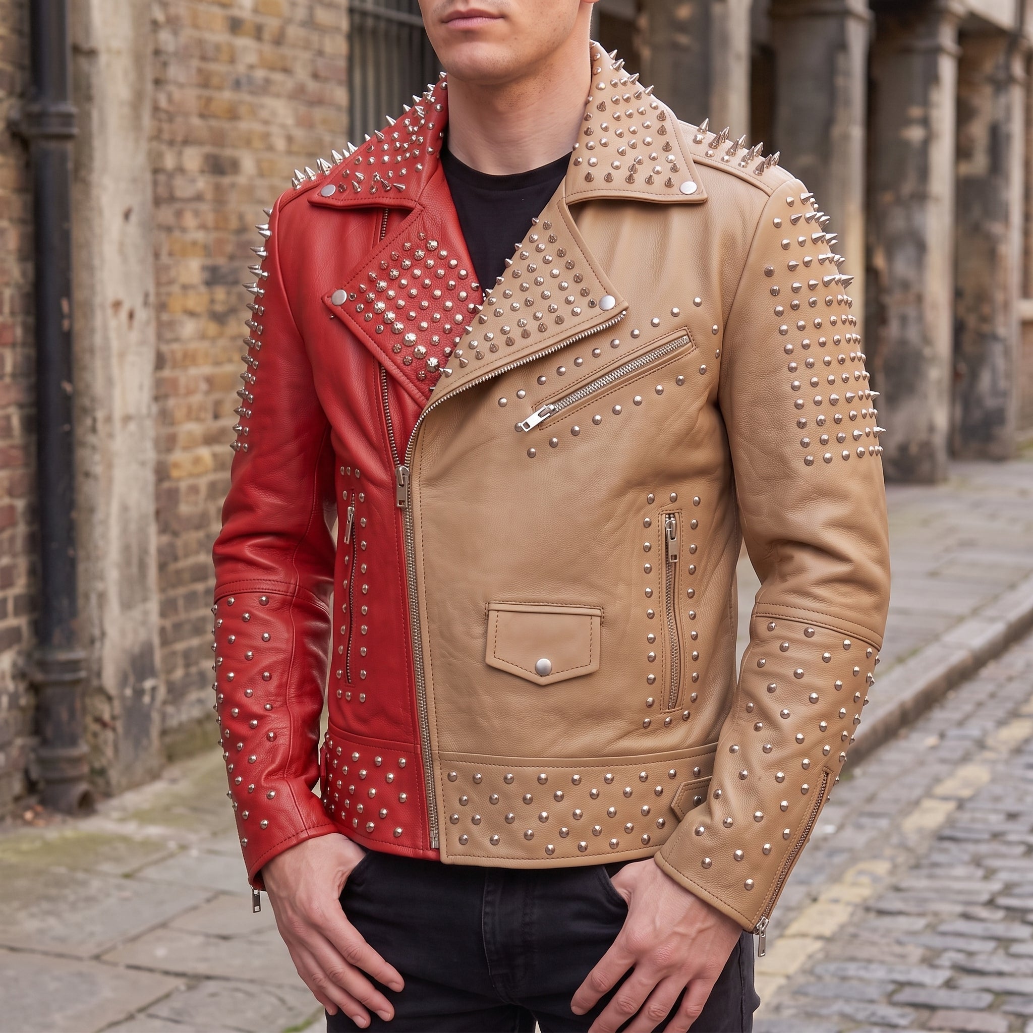 Men's Red and tan Studded Leather Perfecto Biker Jacket — Gundry