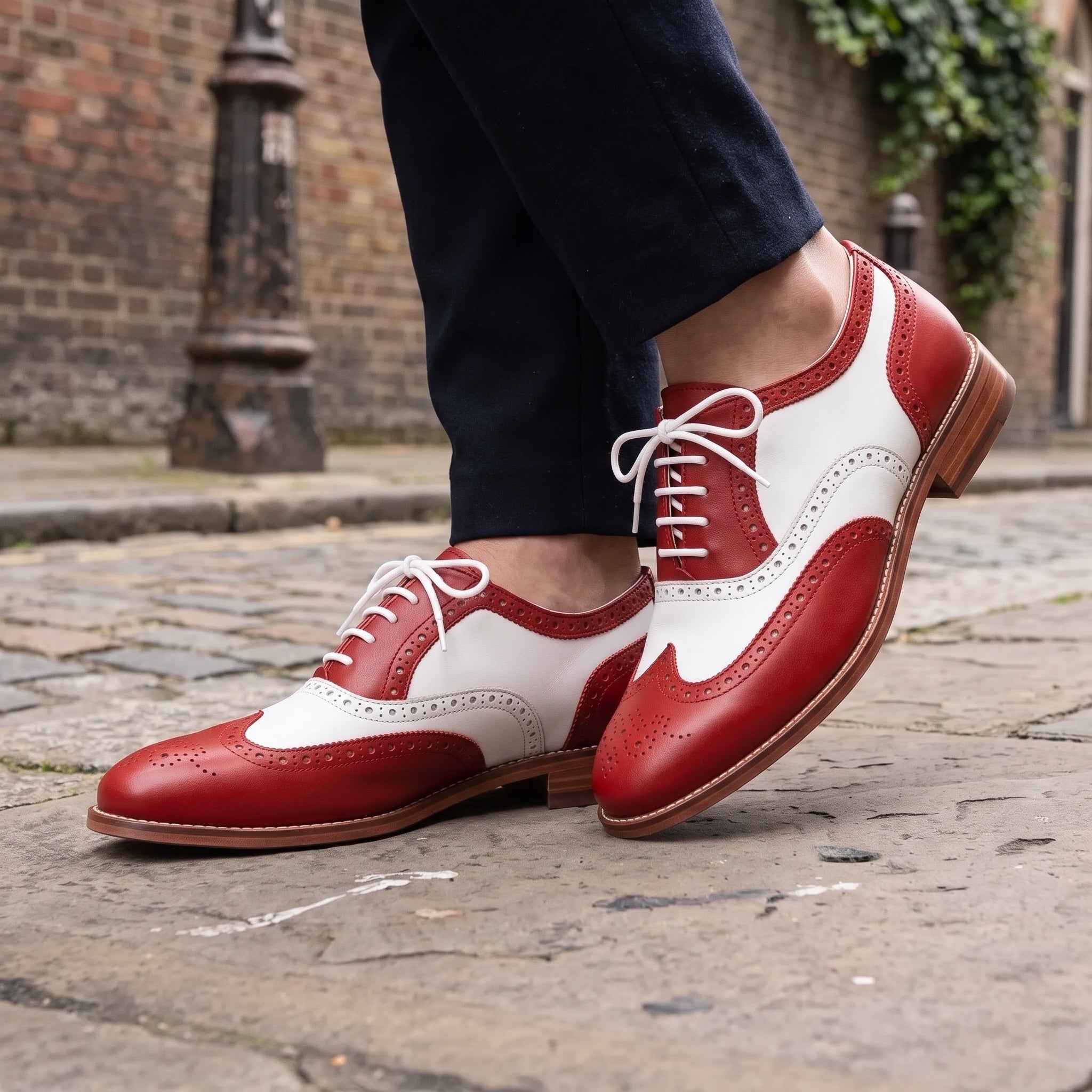 Men's Red and White Wingtip Leather Full Brogue Derby Shoes — Acworth