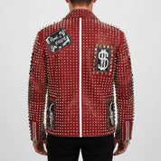 Men's Red Diamond-Studded Leather Biker Jacket — Binley