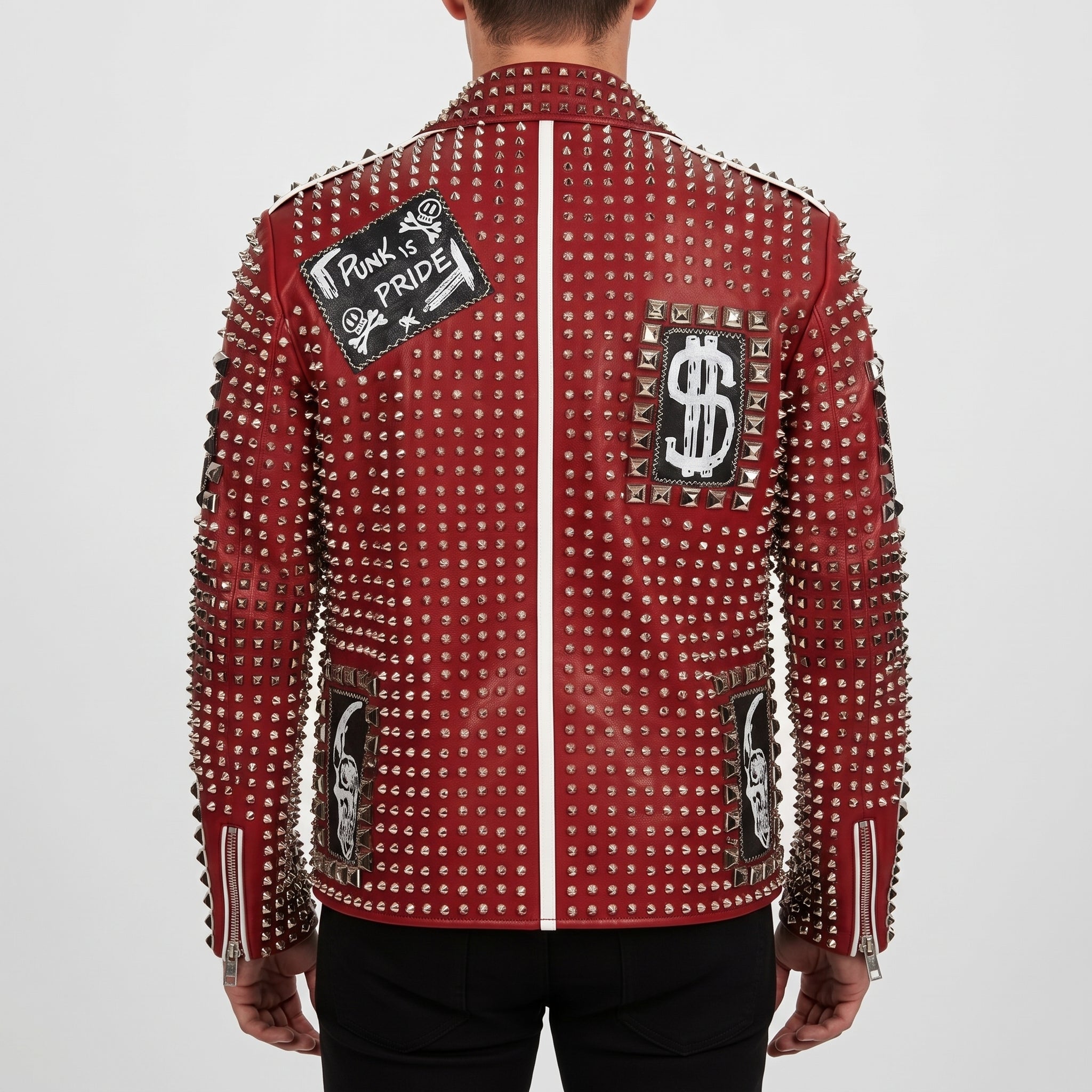 Men's Red Diamond-Studded Leather Biker Jacket — Binley