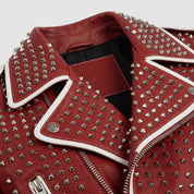 Men's Red Diamond-Studded Leather Biker Jacket — Binley