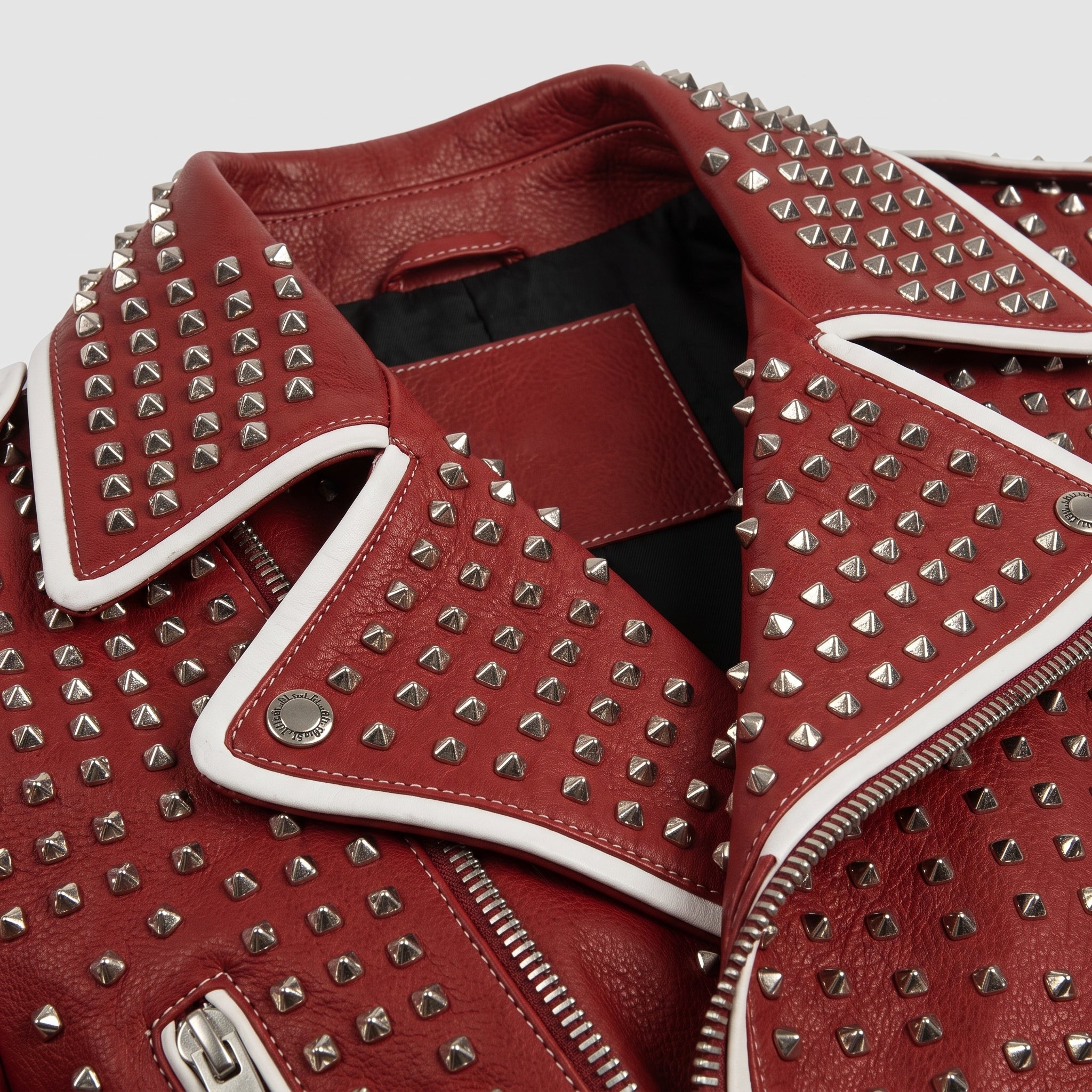 Men's Red Diamond-Studded Leather Biker Jacket — Binley