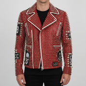 Men's Red Diamond-Studded Leather Biker Jacket — Binley