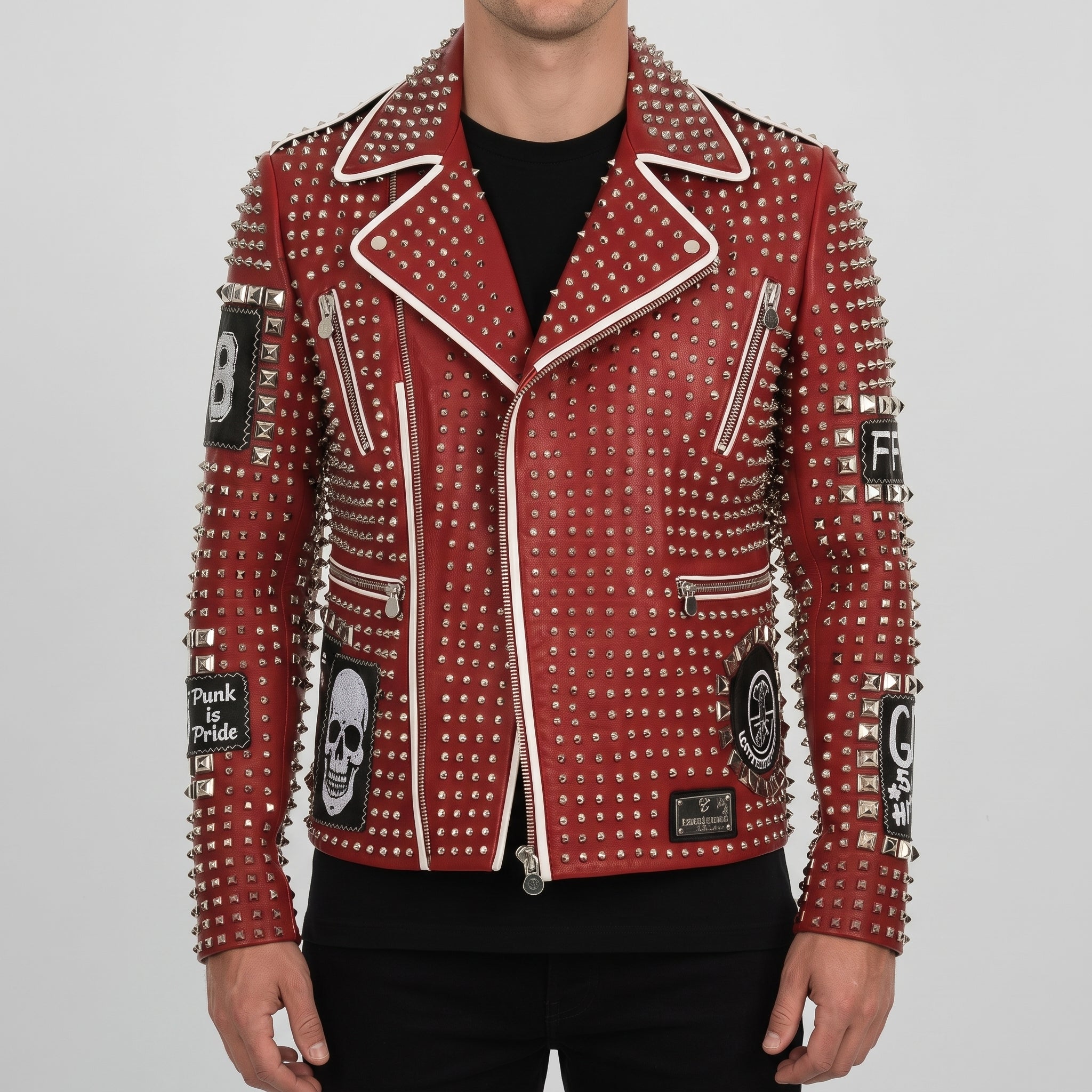 Men's Red Diamond-Studded Leather Biker Jacket — Binley