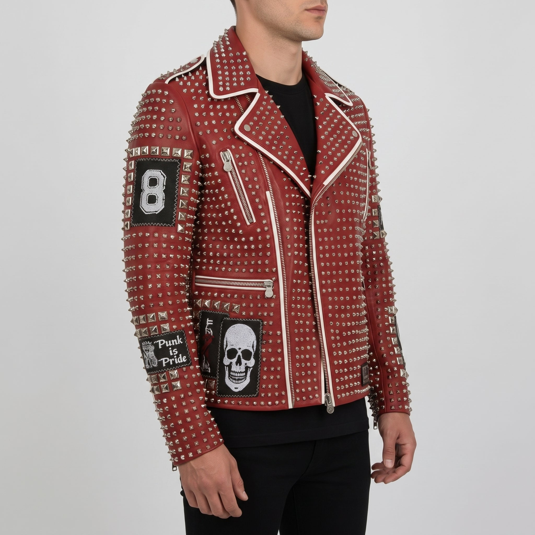 Men's Red Diamond-Studded Leather Biker Jacket — Binley