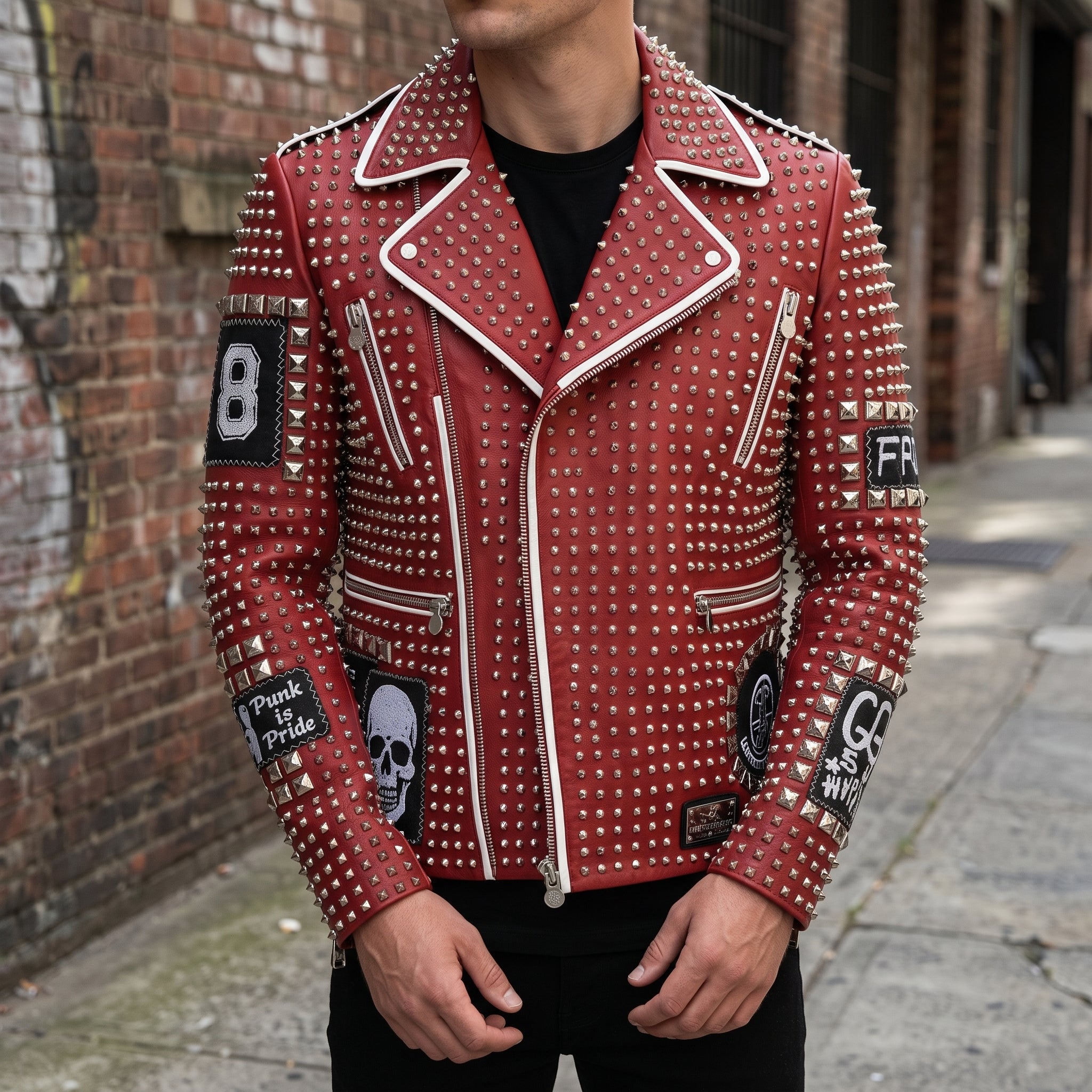 Men's Red Diamond-Studded Leather Biker Jacket — Binley