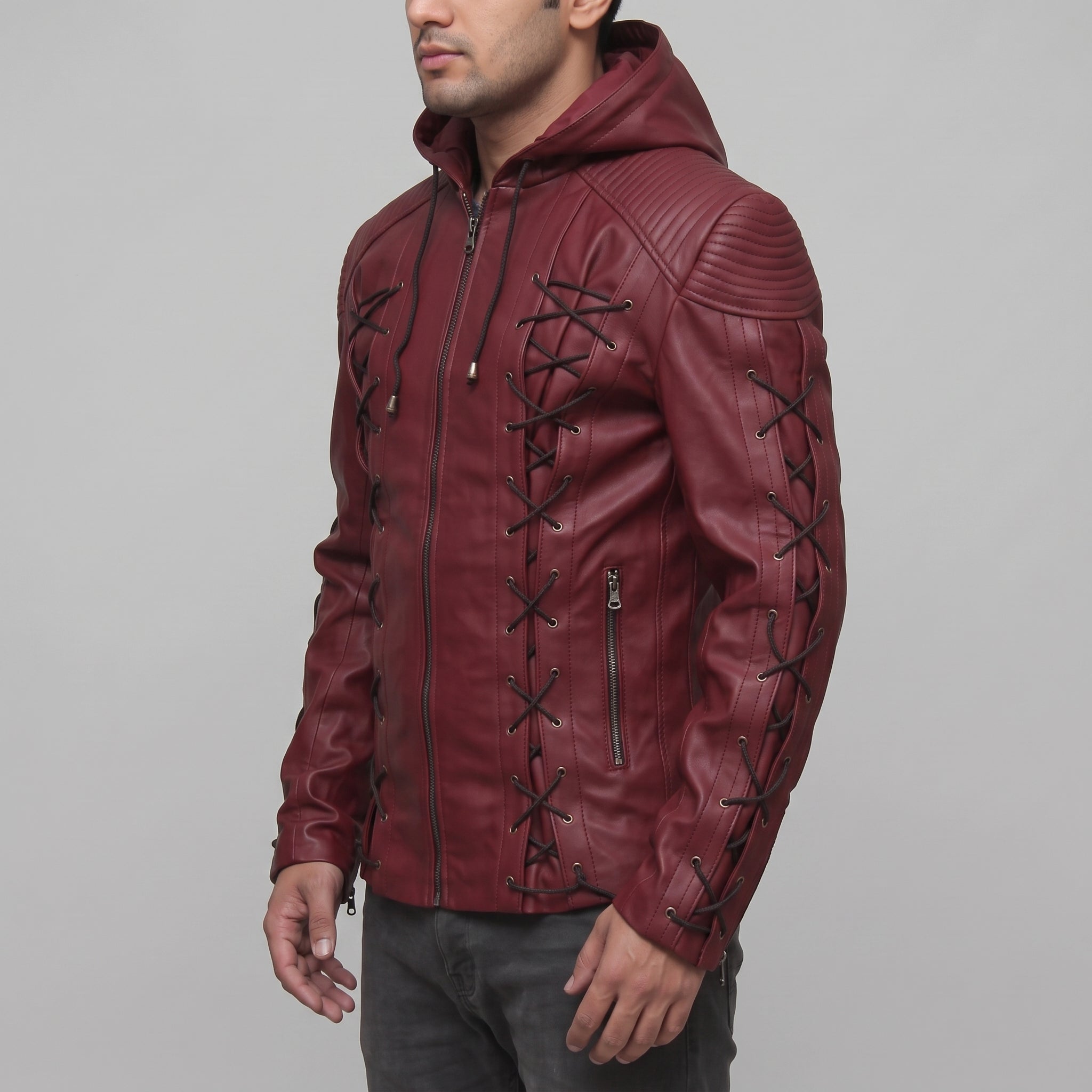 Men's Burgundy Hooded Leather Jacket — Bretherton