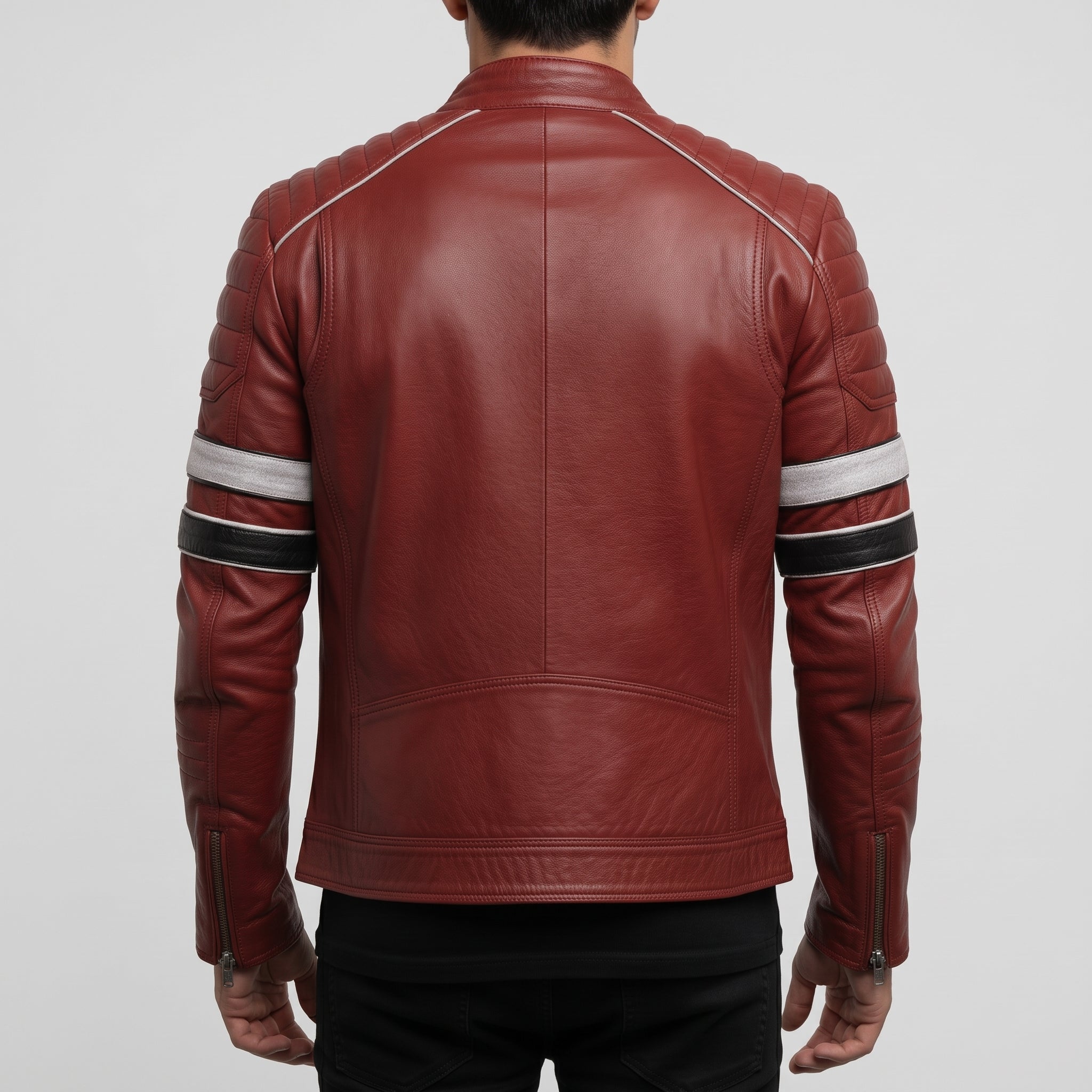 Men's Red Leather Biker Jacket with Stripes — Pendleton