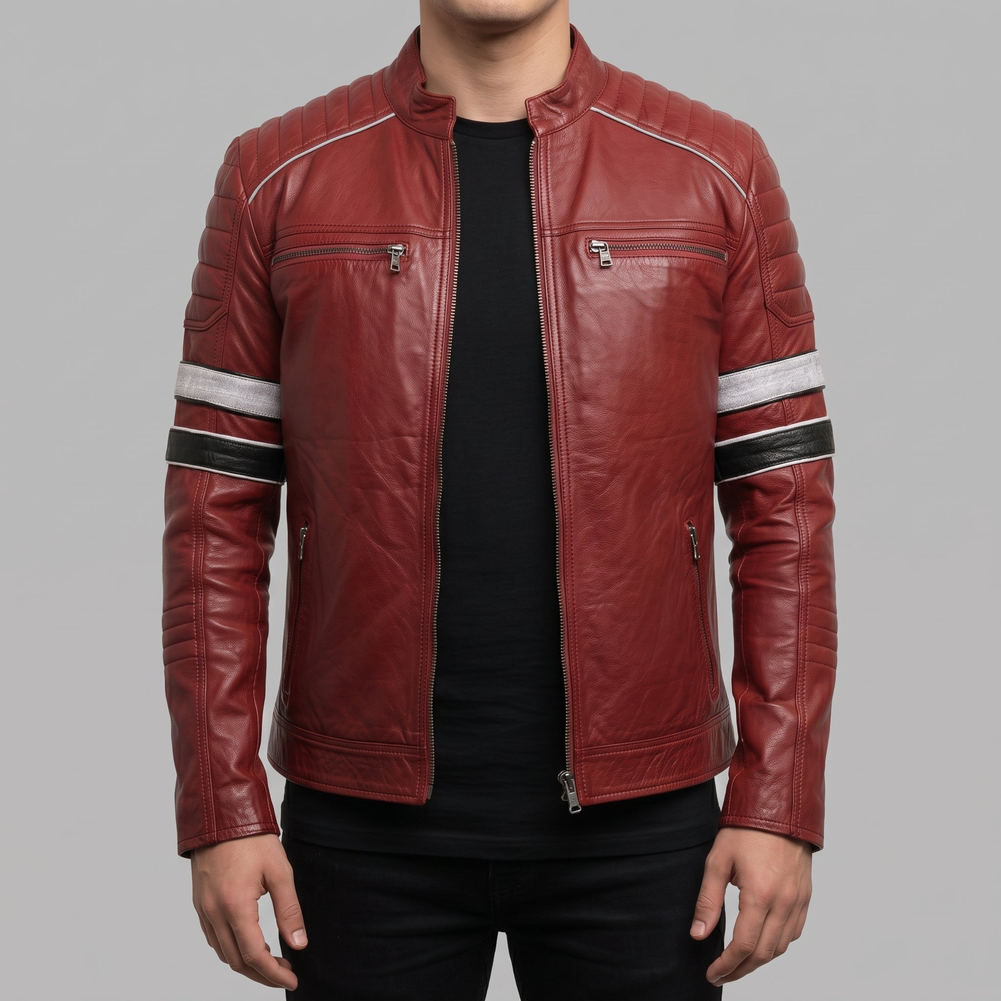 Men's Red Leather Biker Jacket with Stripes — Pendleton