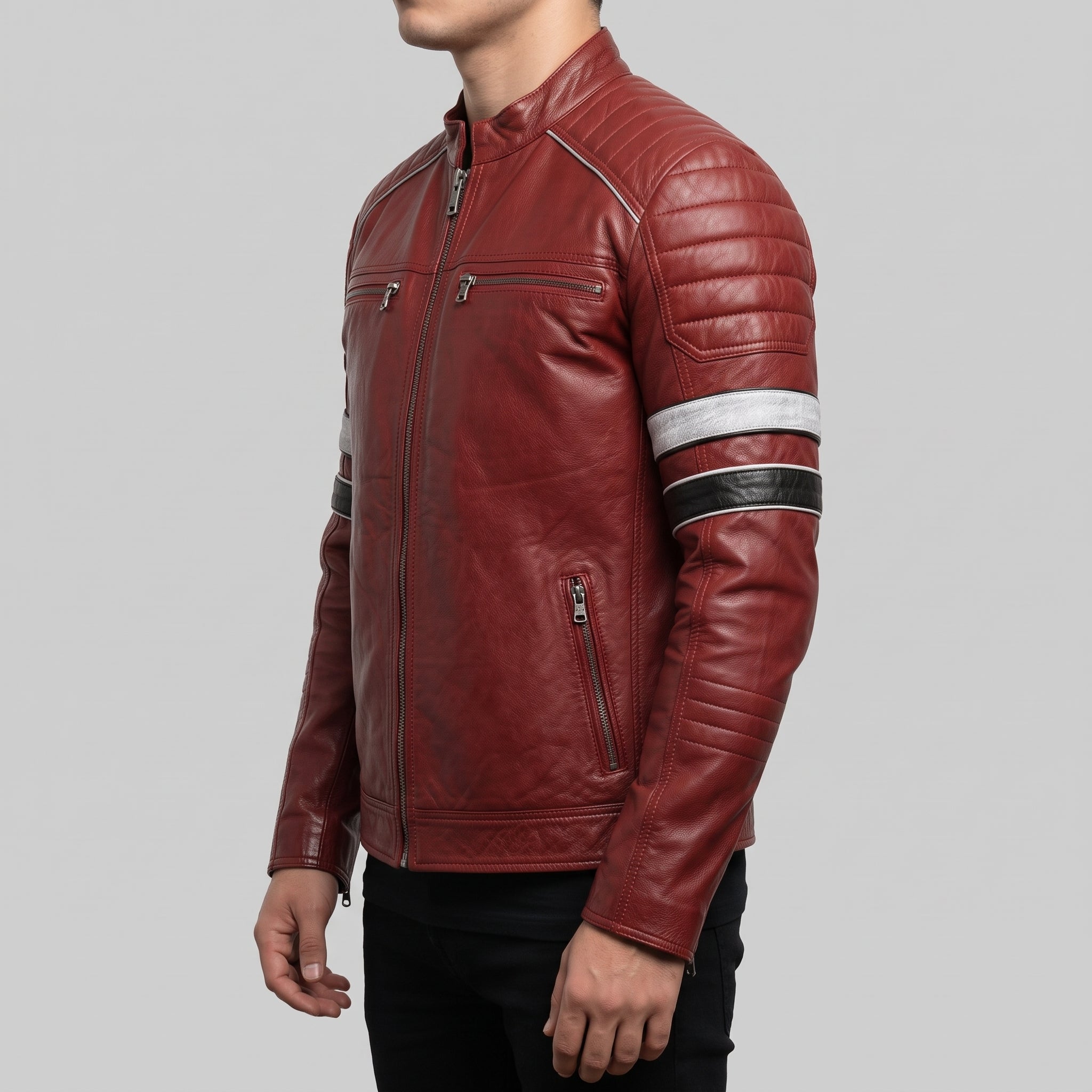 Men's Red Leather Biker Jacket with Stripes — Pendleton