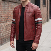 Men's Red Leather Biker Jacket with Stripes — Pendleton