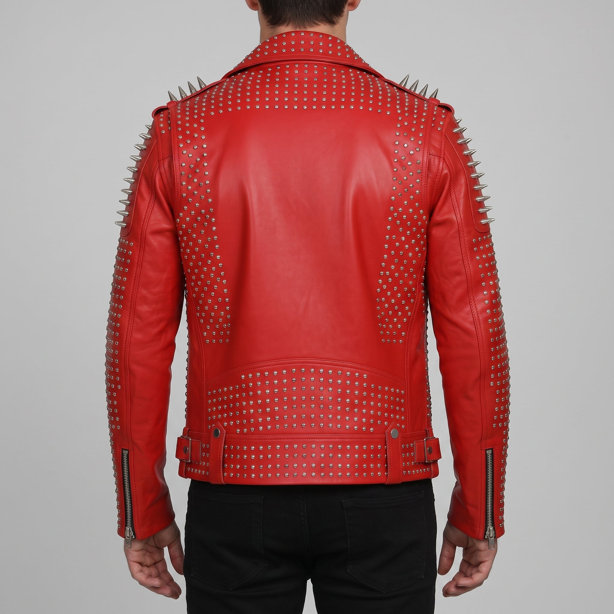 Men's Red Studded Leather Biker Jacket — Burbidge