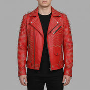 Men's Red Studded Leather Biker Jacket — Burbidge