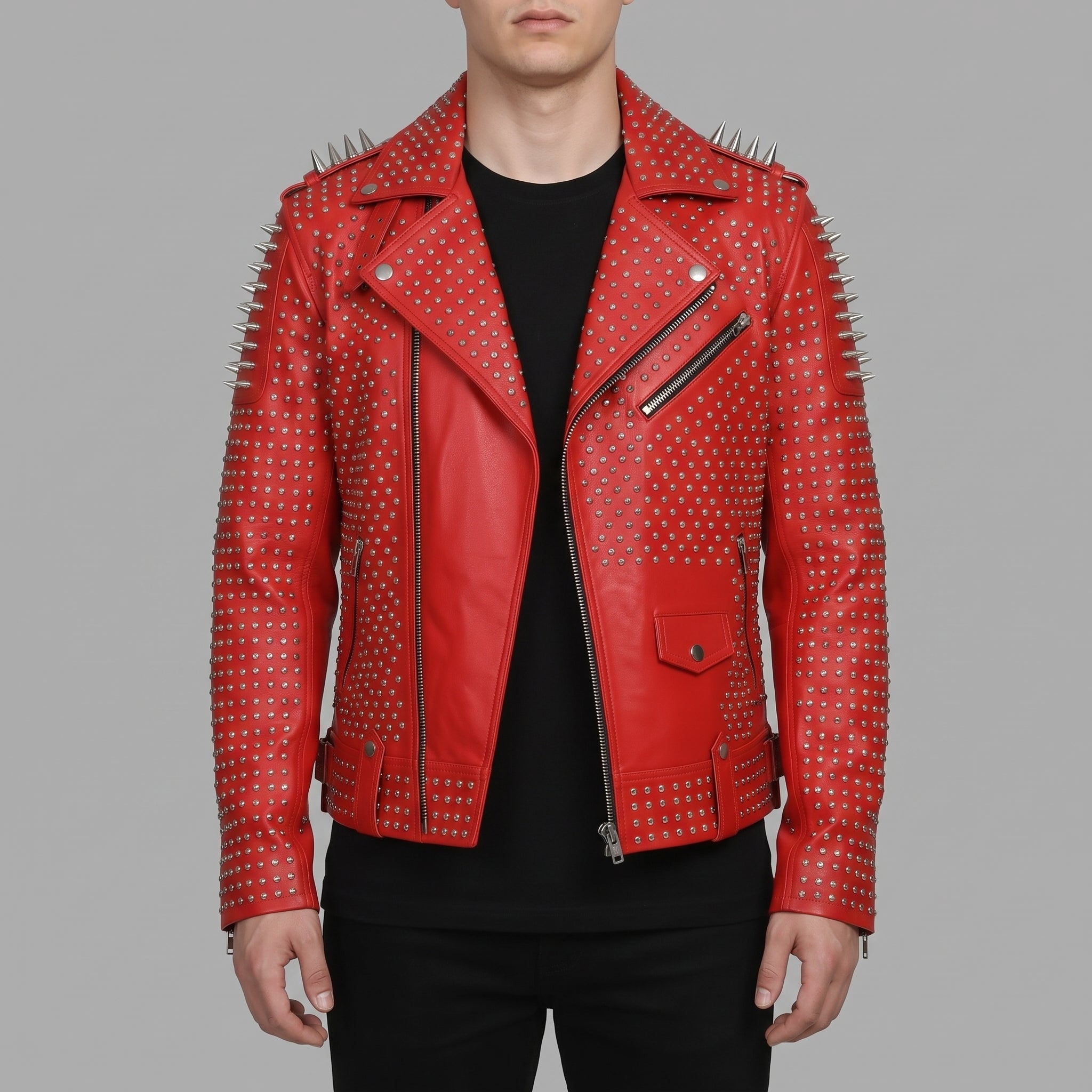 Men's Red Studded Leather Biker Jacket — Burbidge
