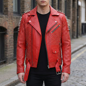 Men's Red Studded Leather Biker Jacket — Burbidge