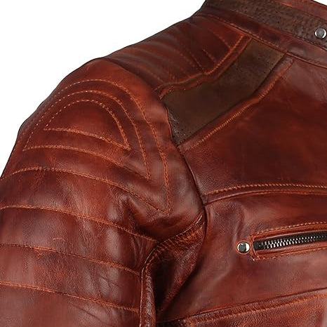 Mens Retro Cafe Racer Biker Distressed Browm Motorcycle Leather Jacket