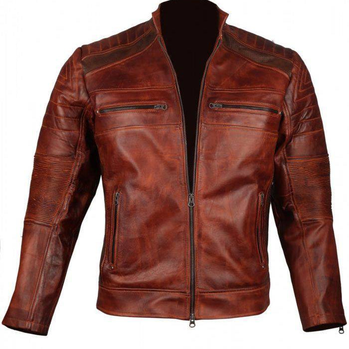 Mens Retro Cafe Racer Biker Distressed Browm Motorcycle Leather Jacket