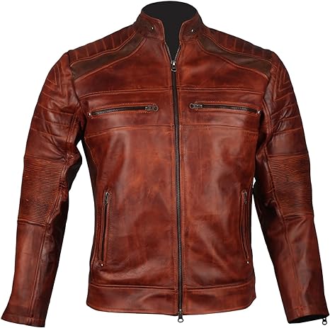 Mens Retro Cafe Racer Biker Distressed Browm Motorcycle Leather Jacket
