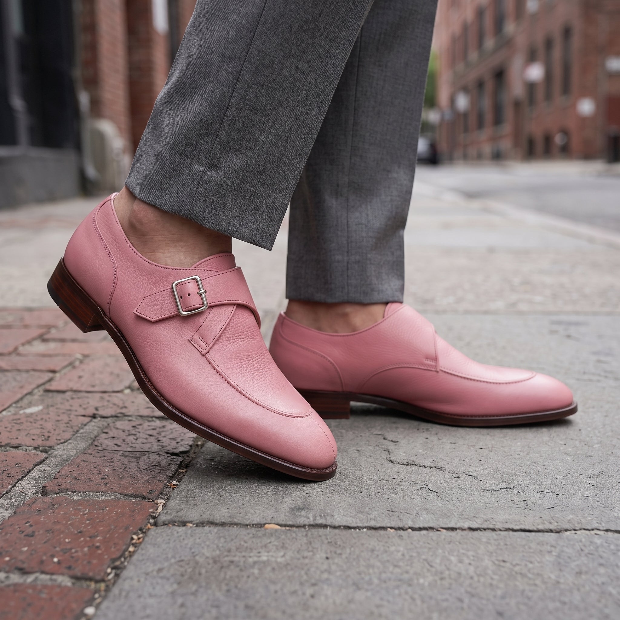 Men's Rose Pink Apron-Toe Leather Monk Strap Shoes — Beynon