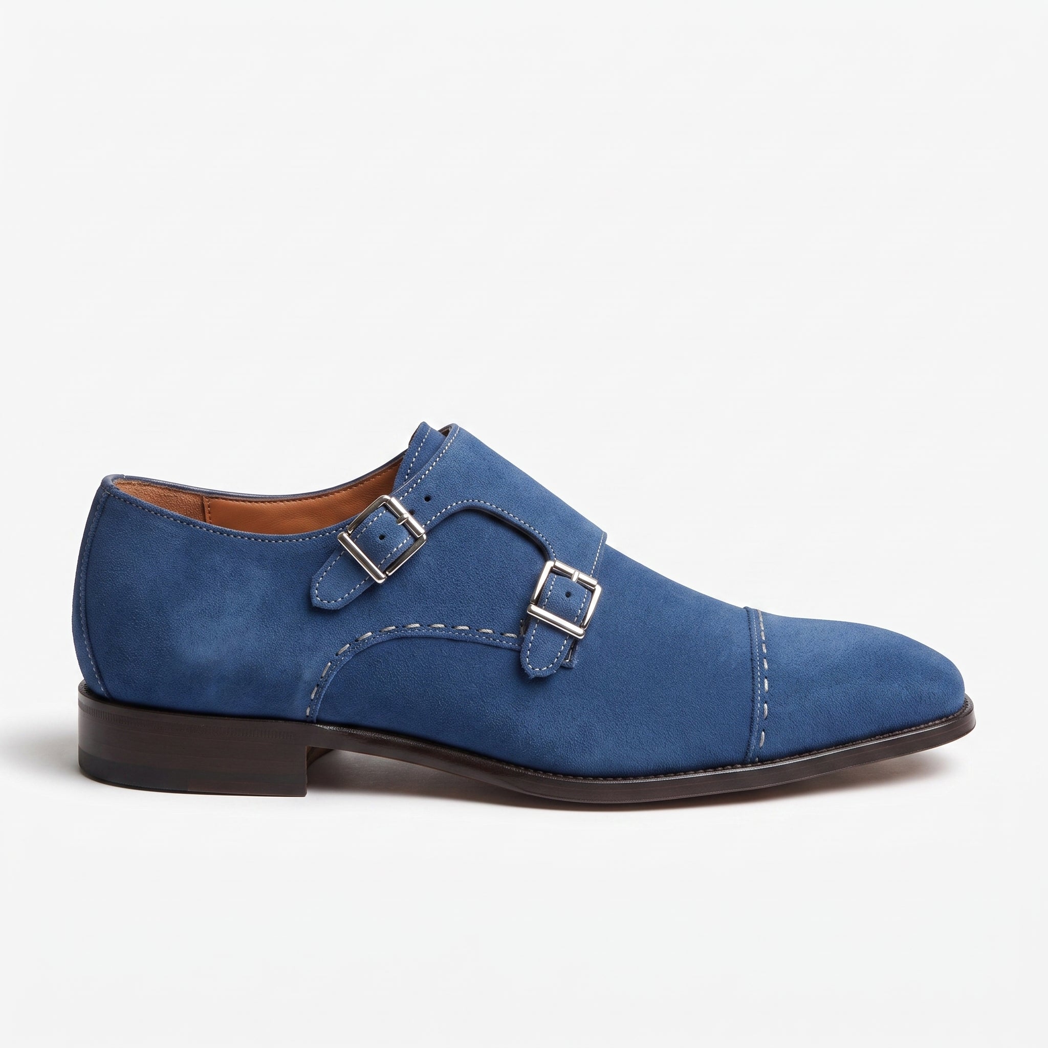 Men's Royal Blue Handmade Suede Monk Strap Shoes