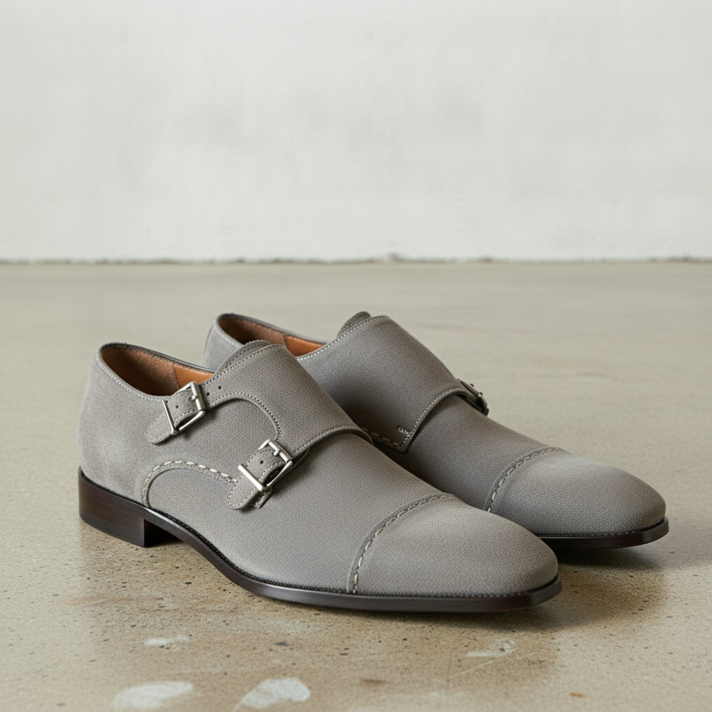 Men's Light Gray Cap-Toe Suede Double Monk Strap Shoes — Awbridge