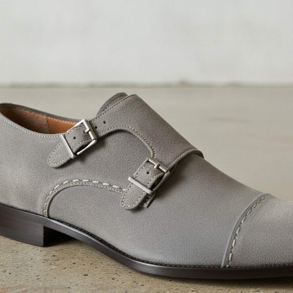 Men's Light Gray Cap-Toe Suede Double Monk Strap Shoes — Awbridge