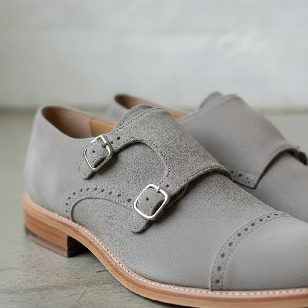 Men's Royal Light Gray Cap-Toe Suede Double Monk Strap Shoes — Newmarket