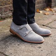 Men's Royal Light Gray Cap-Toe Suede Double Monk Strap Shoes — Newmarket