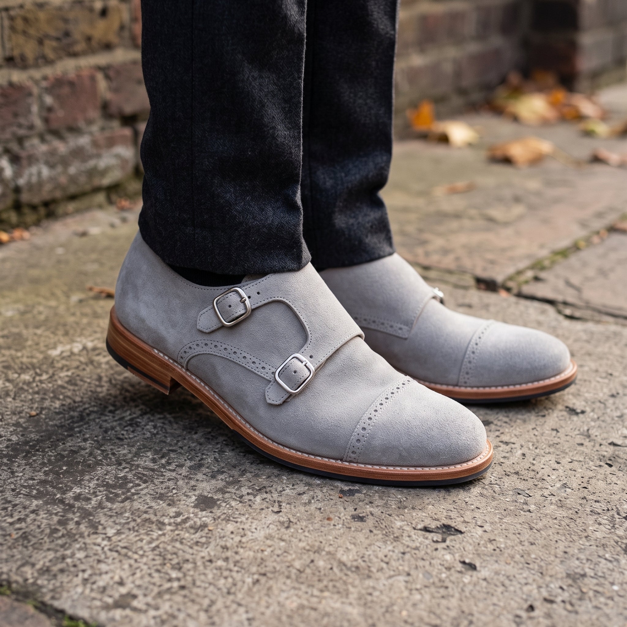 Men's Royal Light Gray Cap-Toe Suede Double Monk Strap Shoes — Newmarket