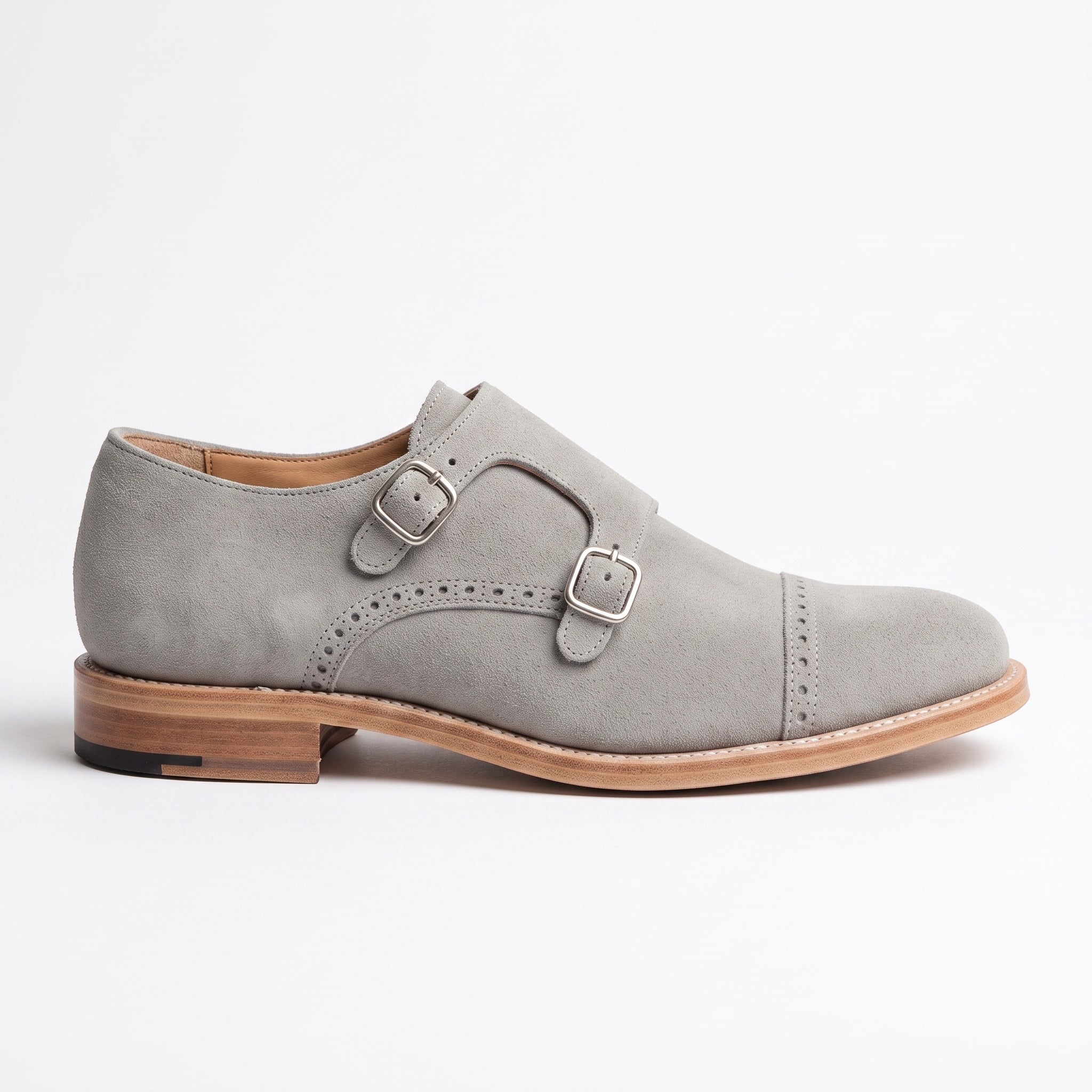 Men's Royal Light Gray Cap-Toe Suede Double Monk Strap Shoes — Newmarket