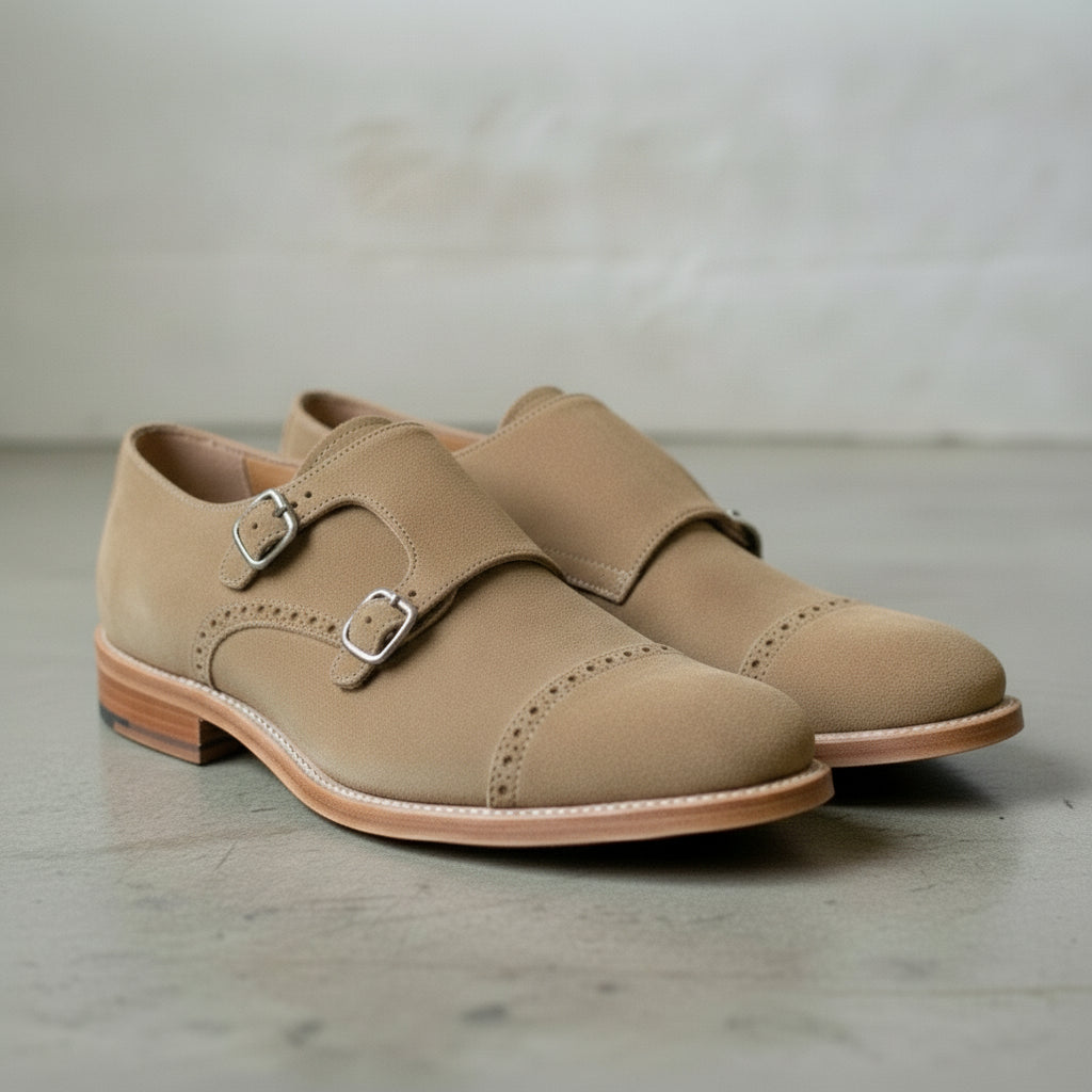 Men's Royal Tan Cap-Toe Suede Double Monk Strap Shoes — Newmarket