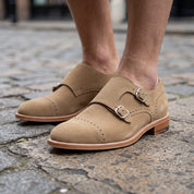 Men's Royal Tan Cap-Toe Suede Double Monk Strap Shoes — Newmarket