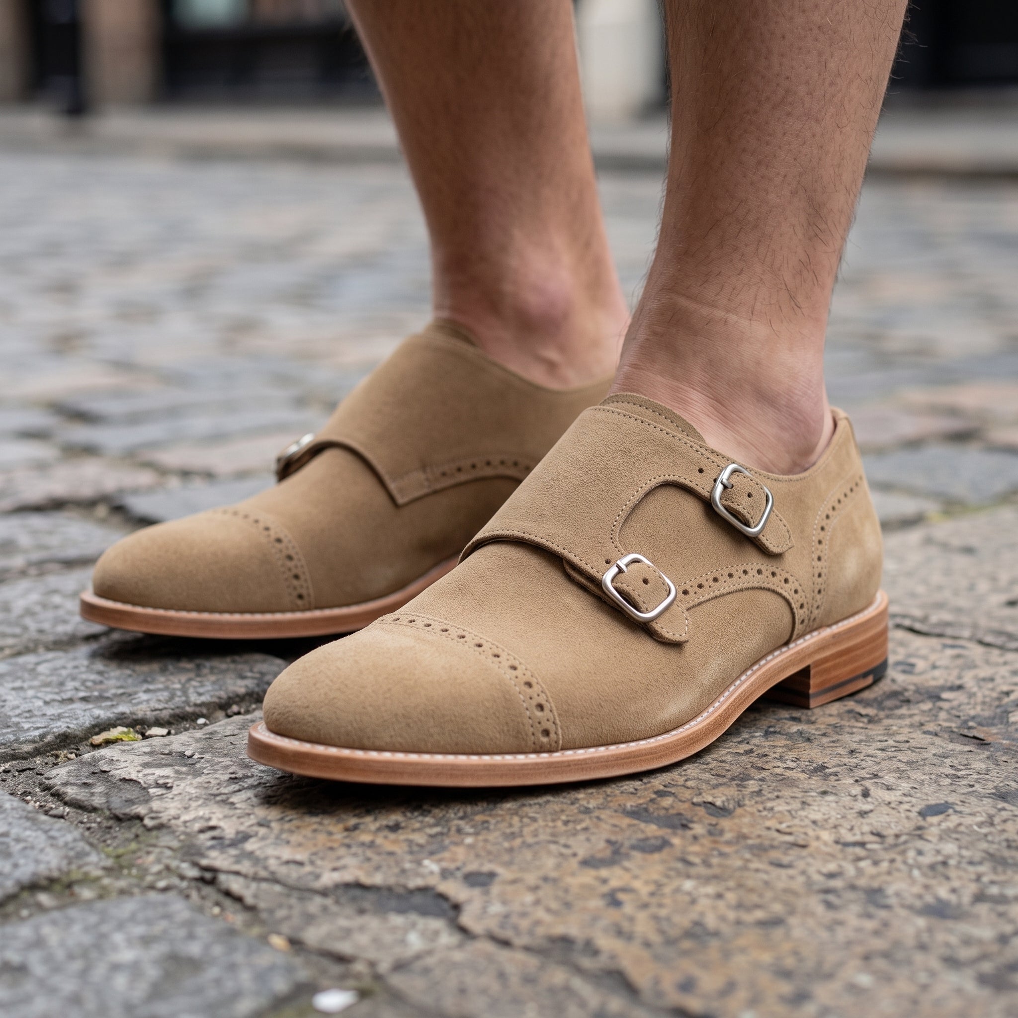 Men's Royal Tan Cap-Toe Suede Double Monk Strap Shoes — Newmarket