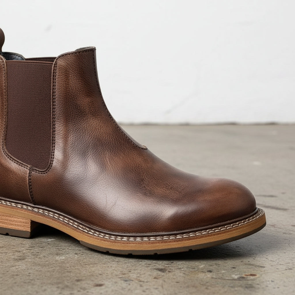 Men’s Rustic Leather Chelsea Boots, Handmade Genuine Leather Slip-On Boots - detail-view-showing-texture