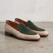 Men's Beige and Green Apron-Toe Suede Loafers — Abbingfield
