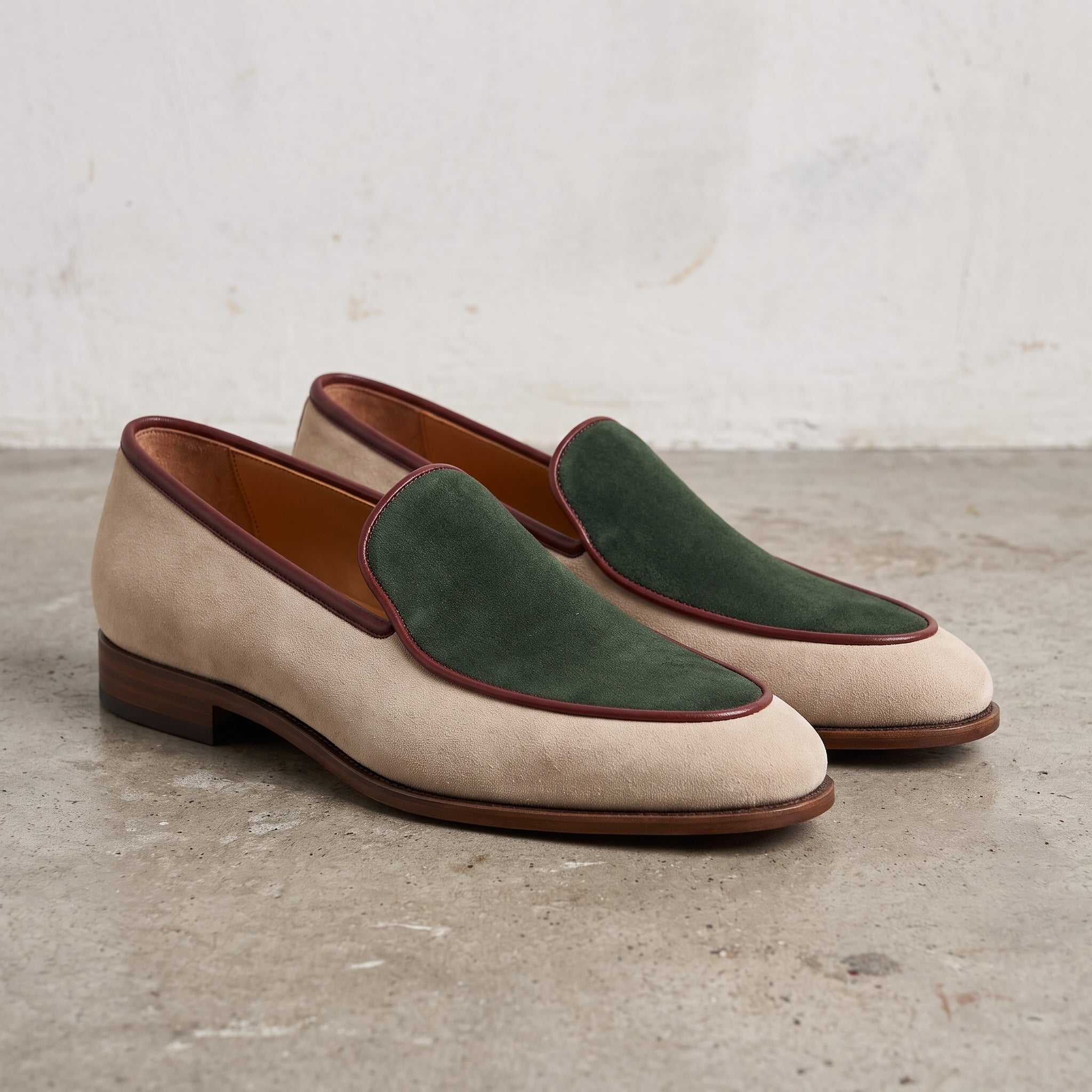 Men's Beige and Green Apron-Toe Suede Loafers — Abbingfield