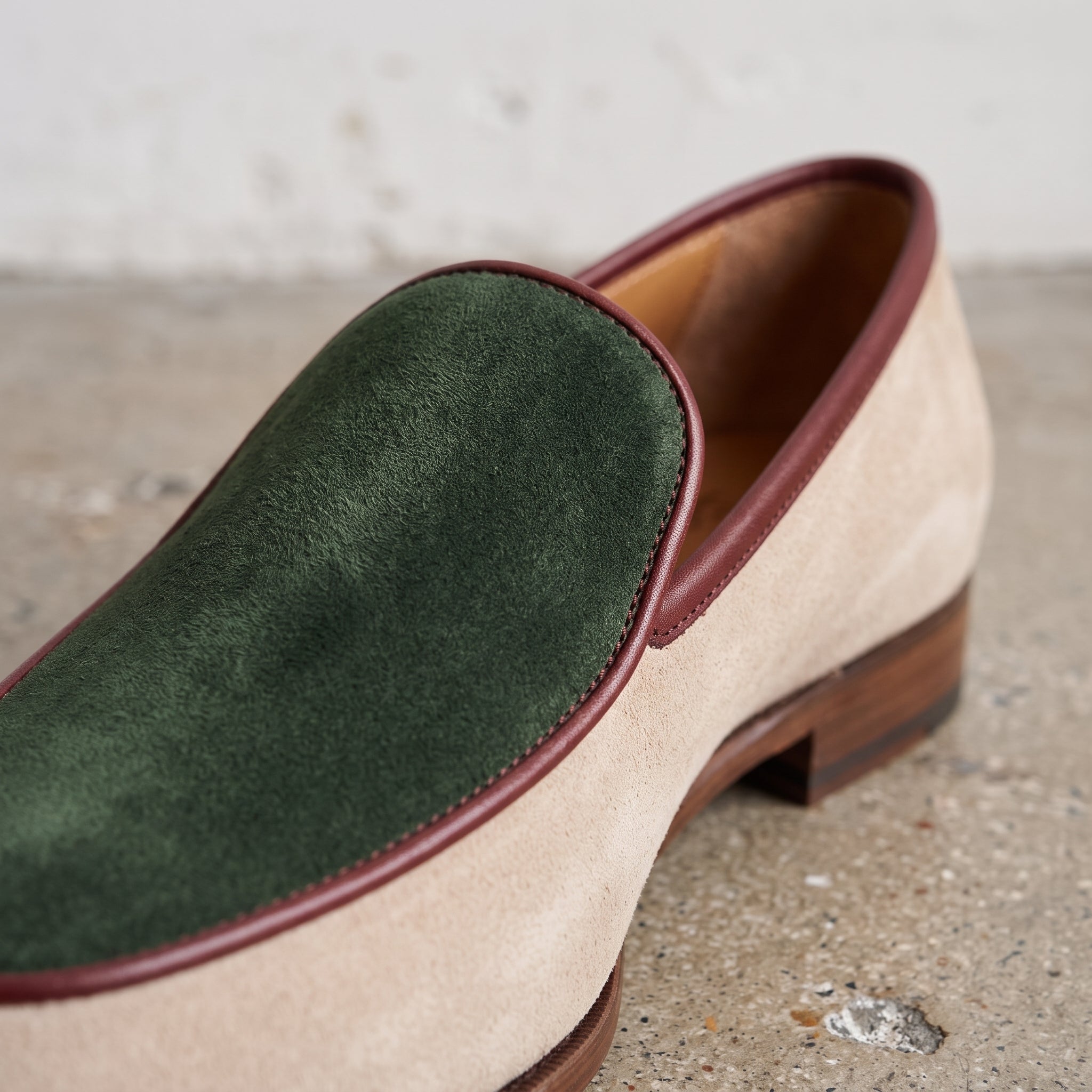 Men's Beige and Green Apron-Toe Suede Loafers — Abbingfield