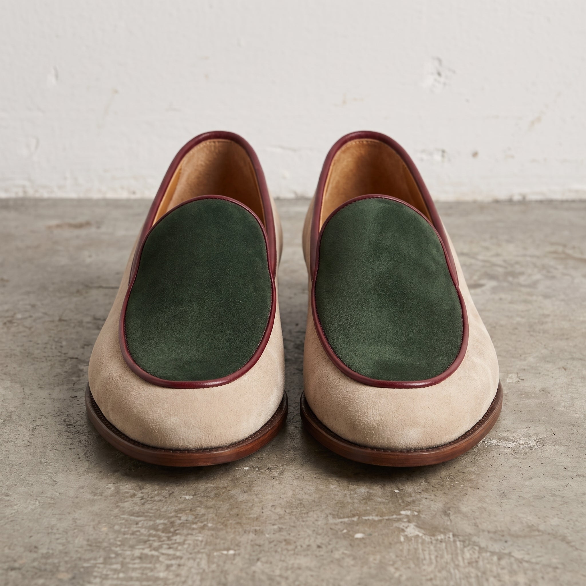 Men's Beige and Green Apron-Toe Suede Loafers — Abbingfield