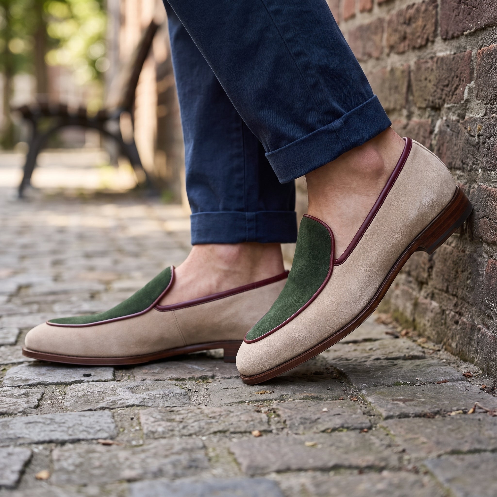 Men's Beige and Green Apron-Toe Suede Loafers — Abbingfield