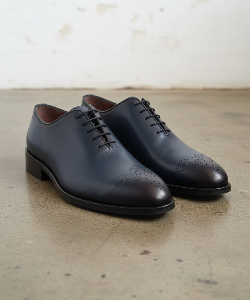 MENS SOLID BLUE WHOLE CUT OXFORD LEATHER DRESS SHOES, MEN OXFORDS SHOES - angle-view-showing-depth