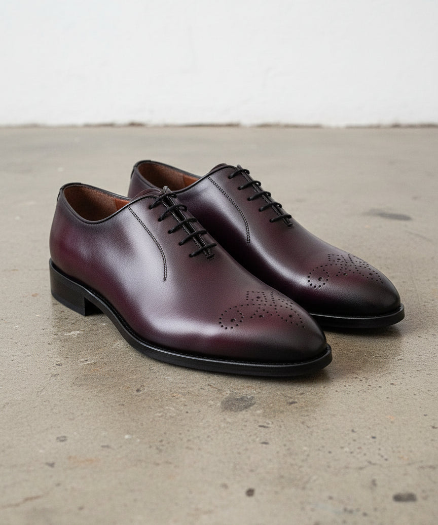 MENS SOLID BURGUNDY WHOLE CUT OXFORD LEATHER DRESS SHOES, MEN OXFORDS SHOES - angle-view-showing-depth