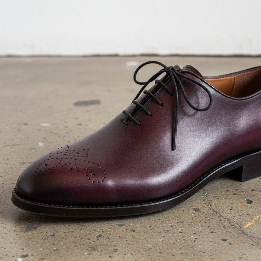 MENS SOLID BURGUNDY WHOLE CUT OXFORD LEATHER DRESS SHOES, MEN OXFORDS SHOES - detail-view-showing-texture