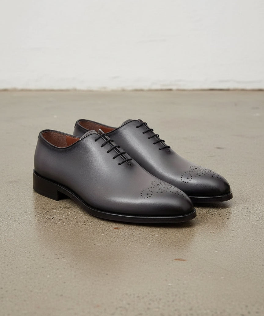 MENS SOLID GRAY WHOLE CUT OXFORD LEATHER DRESS SHOES, MEN OXFORDS SHOES - 3-4-right-view