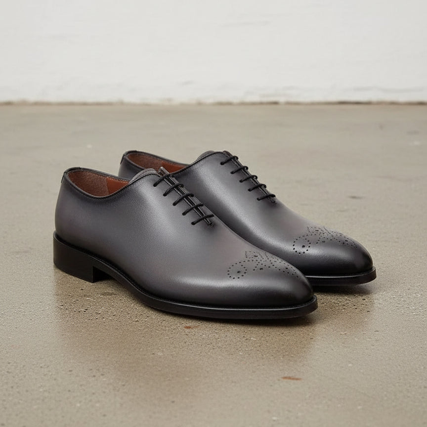MENS SOLID GRAY WHOLE CUT OXFORD LEATHER DRESS SHOES, MEN OXFORDS SHOES - 3-4-right-view